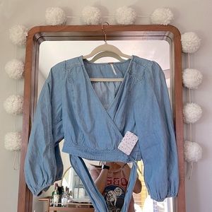 Free People Sophie Denim Wrap Crop Top